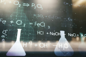 Creative chemistry hologram on contemporary business center exterior background, pharmaceutical research concept. Multiexposure